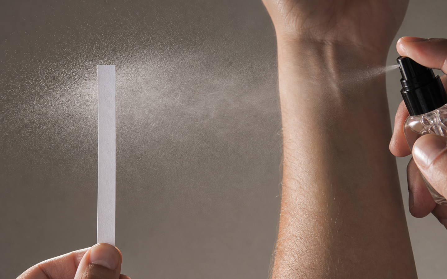 Uma fita olfativa e um pulso recebendo o mesmo perfume lado a lado