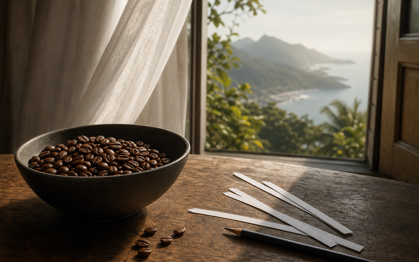 Grãos de café colocados ao lado de fitas olfativas, sem serem tratados como solução mágica