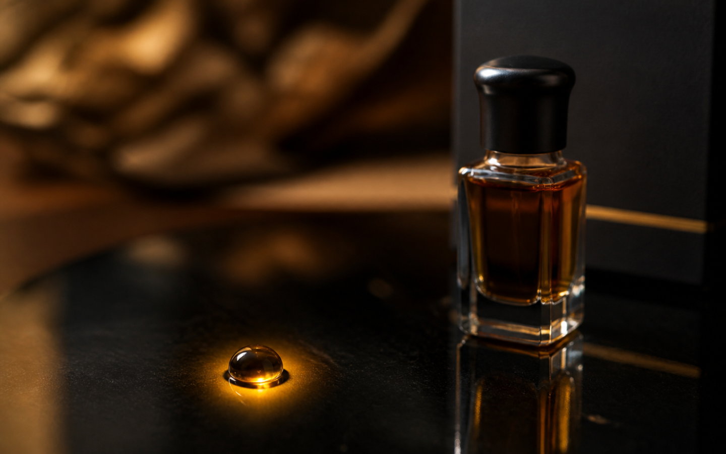 Pequena gota de parfum em vidro escuro formando um halo próximo e concentrado