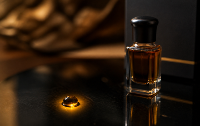 Pequena gota de parfum em vidro escuro formando um halo próximo e concentrado
