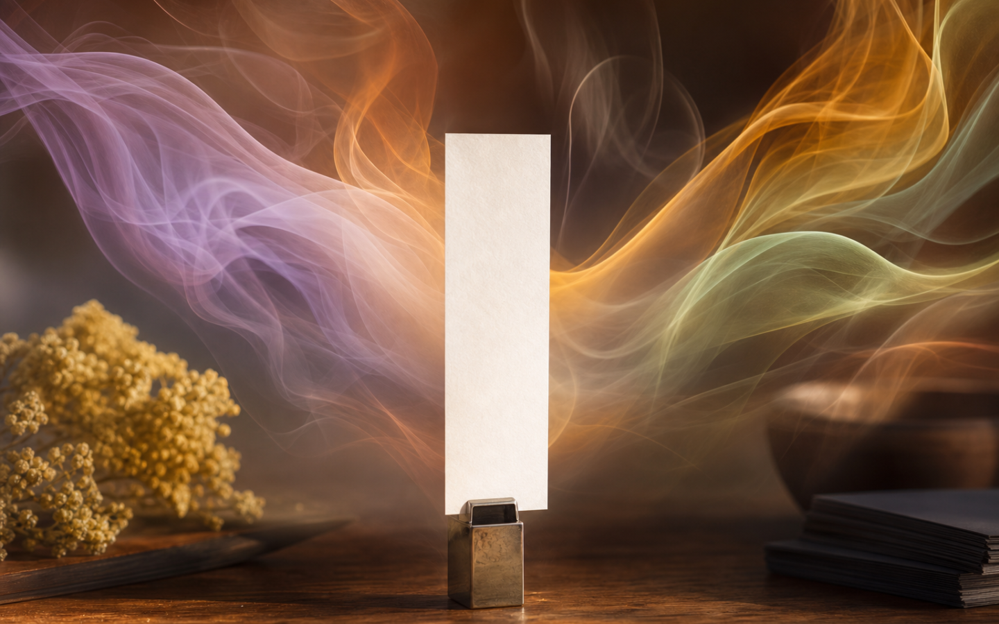 Fitas olfativas diante de formas translúcidas que se misturam como as notas de um perfume