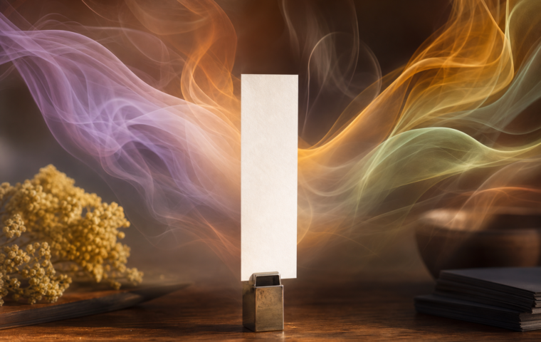 Fitas olfativas diante de formas translúcidas que se misturam como as notas de um perfume