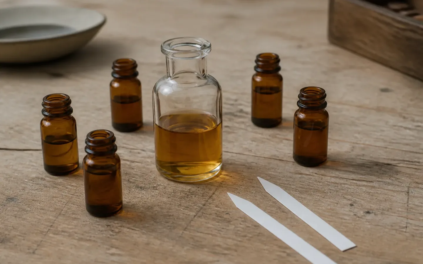 Pequenos frascos de ingredientes convergindo para uma base usada na criação de perfume