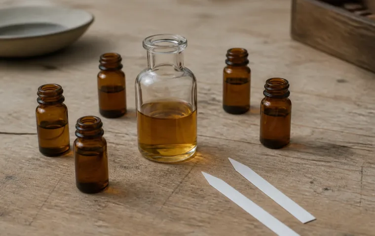 Pequenos frascos de ingredientes convergindo para uma base usada na criação de perfume