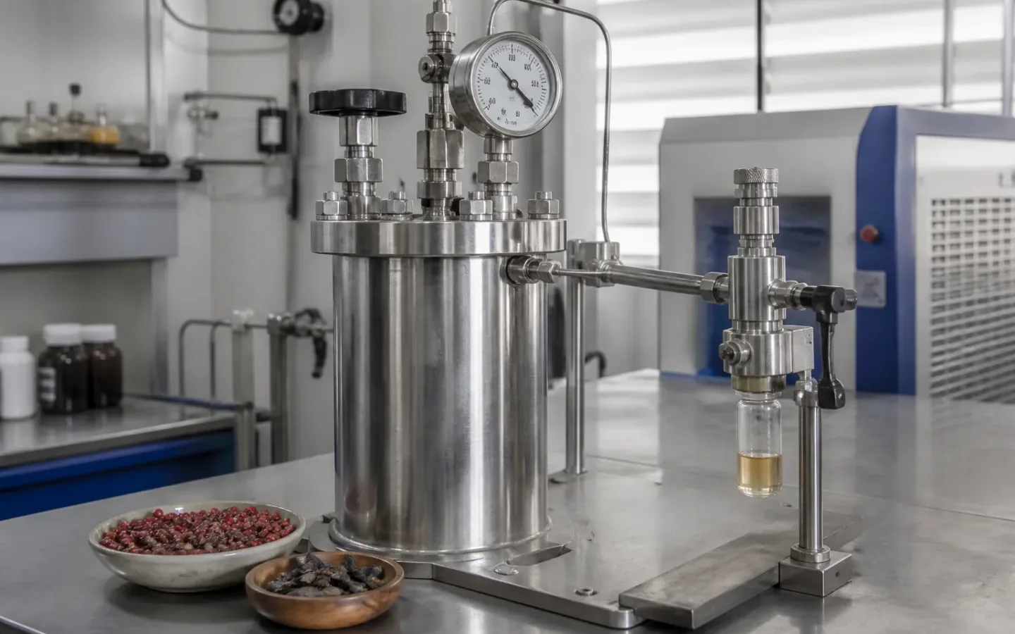 Equipamento fechado de extração por CO2 ao lado de matéria-prima vegetal e extrato aromático