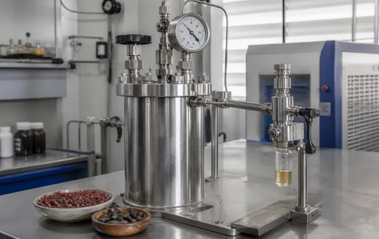 Equipamento fechado de extração por CO2 ao lado de matéria-prima vegetal e extrato aromático