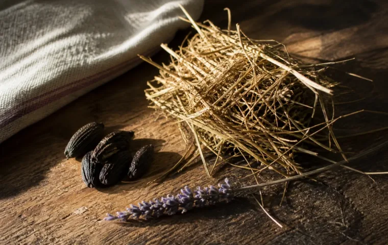 Feno seco, fava tonka e lavanda representando o perfil aromático da coumarina