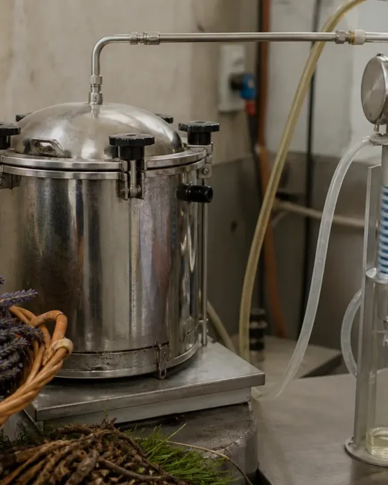 Vapor atravessando material botânico em equipamento de destilação de óleo essencial