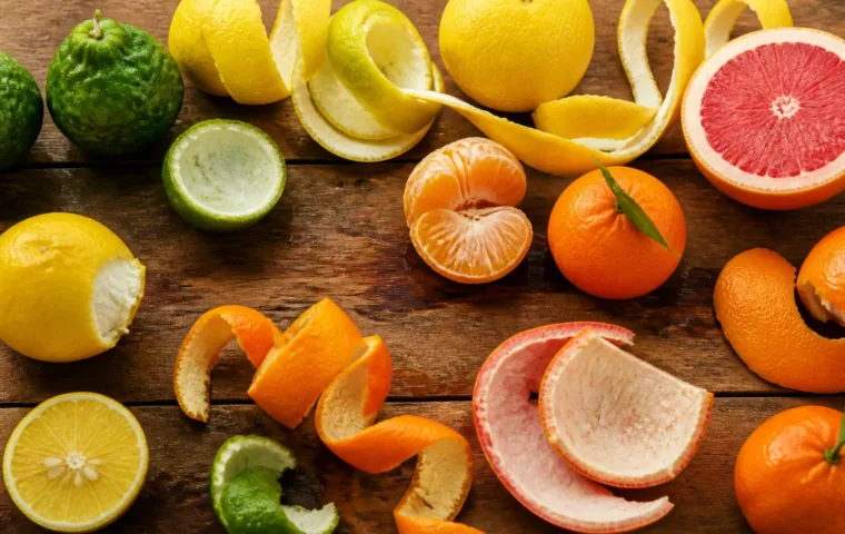 Cascas de bergamota, limão, laranja e mandarina mostrando diferentes facetas cítricas