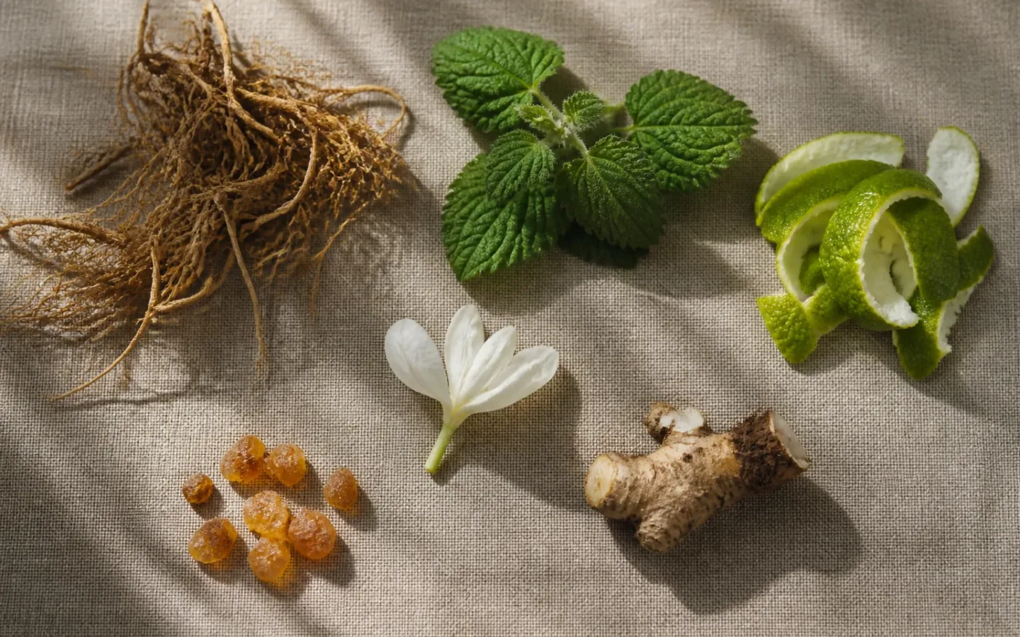 Raízes, folhas, cascas, flores e resinas usadas como matérias-primas naturais na perfumaria