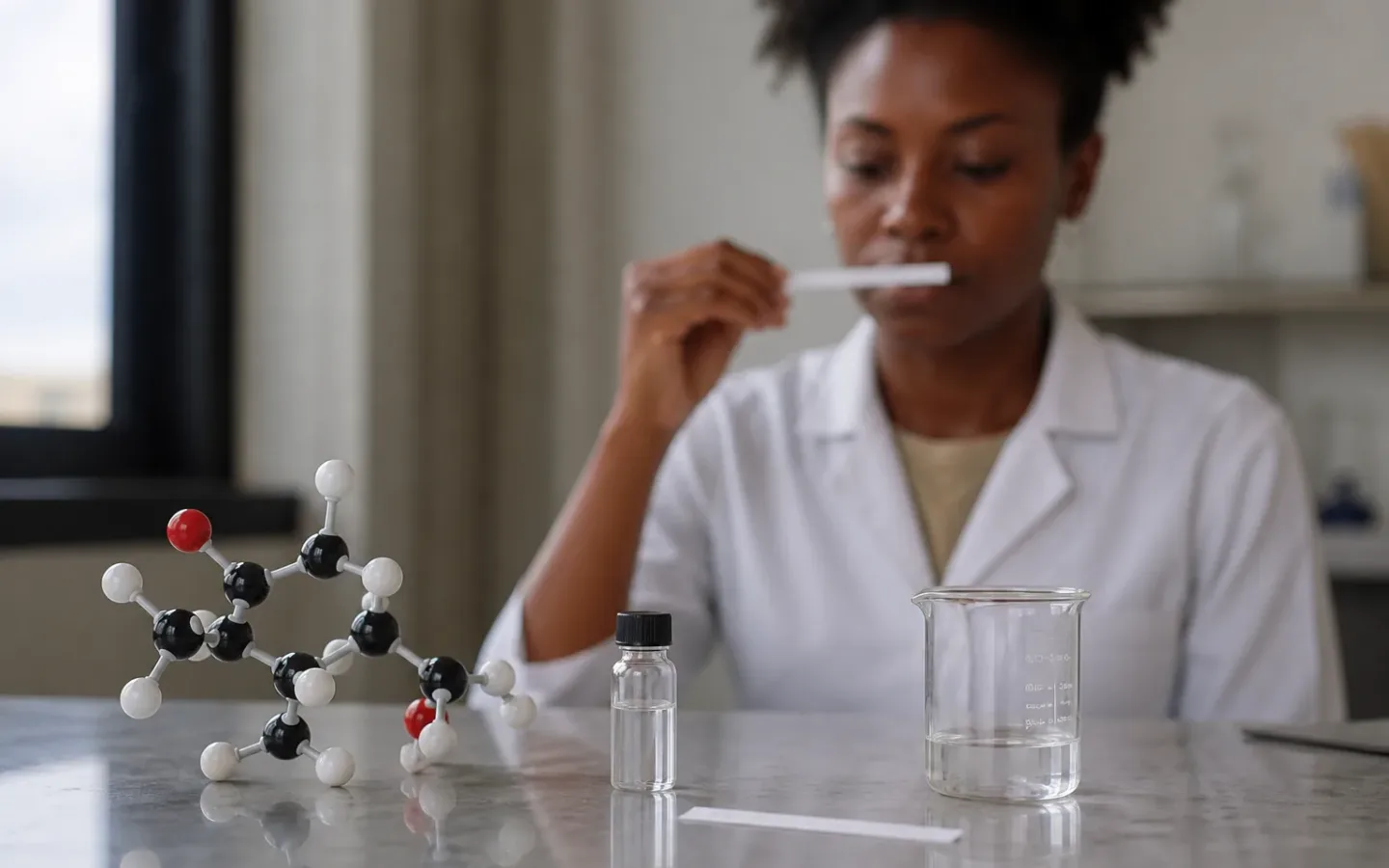 Modelo molecular ao lado de uma tira olfativa e um frasco de laboratório