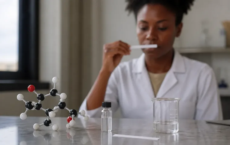 Modelo molecular ao lado de uma tira olfativa e um frasco de laboratório