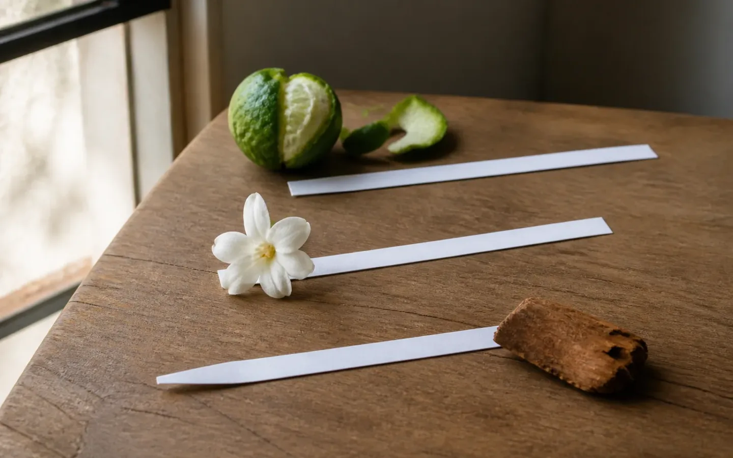Três tiras olfativas representando os momentos de saída, coração e fundo de um perfume