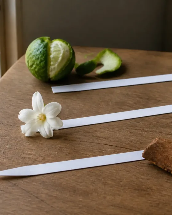 Três tiras olfativas representando os momentos de saída, coração e fundo de um perfume