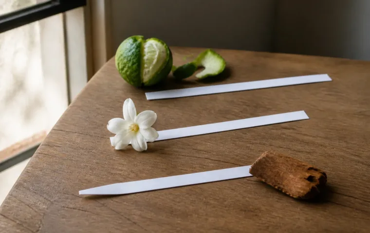 Três tiras olfativas representando os momentos de saída, coração e fundo de um perfume