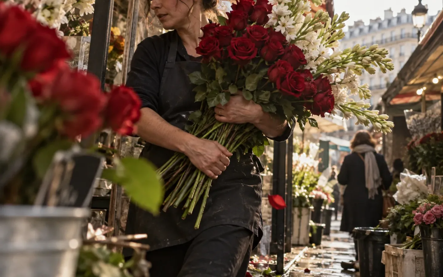 Florista carrega rosas vermelhas e flores brancas por um mercado de rua