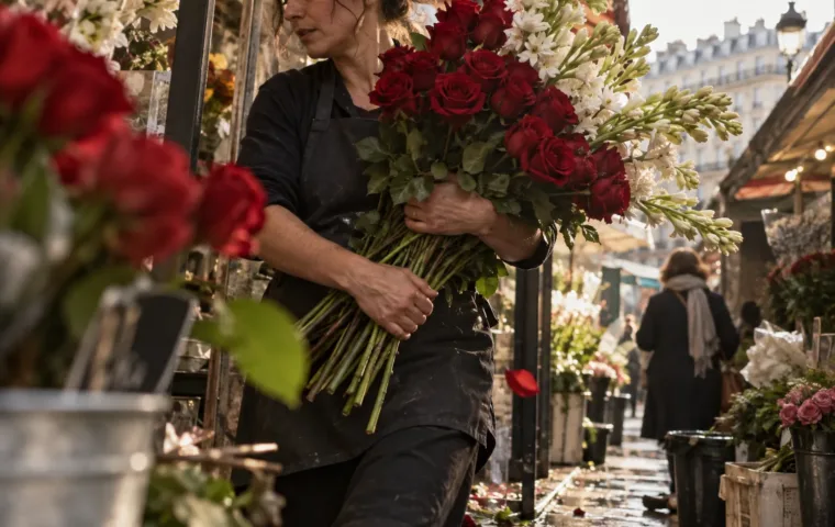 Florista carrega rosas vermelhas e flores brancas por um mercado de rua