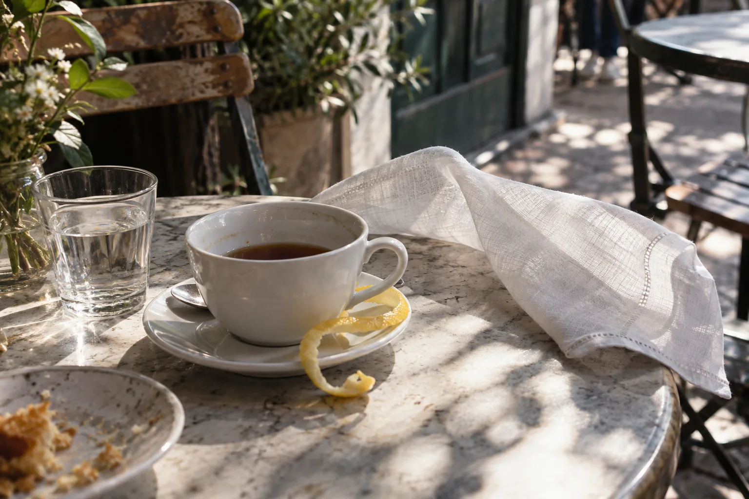 Xícara de chá com casca cítrica no pires e guardanapo de linho numa mesa de café